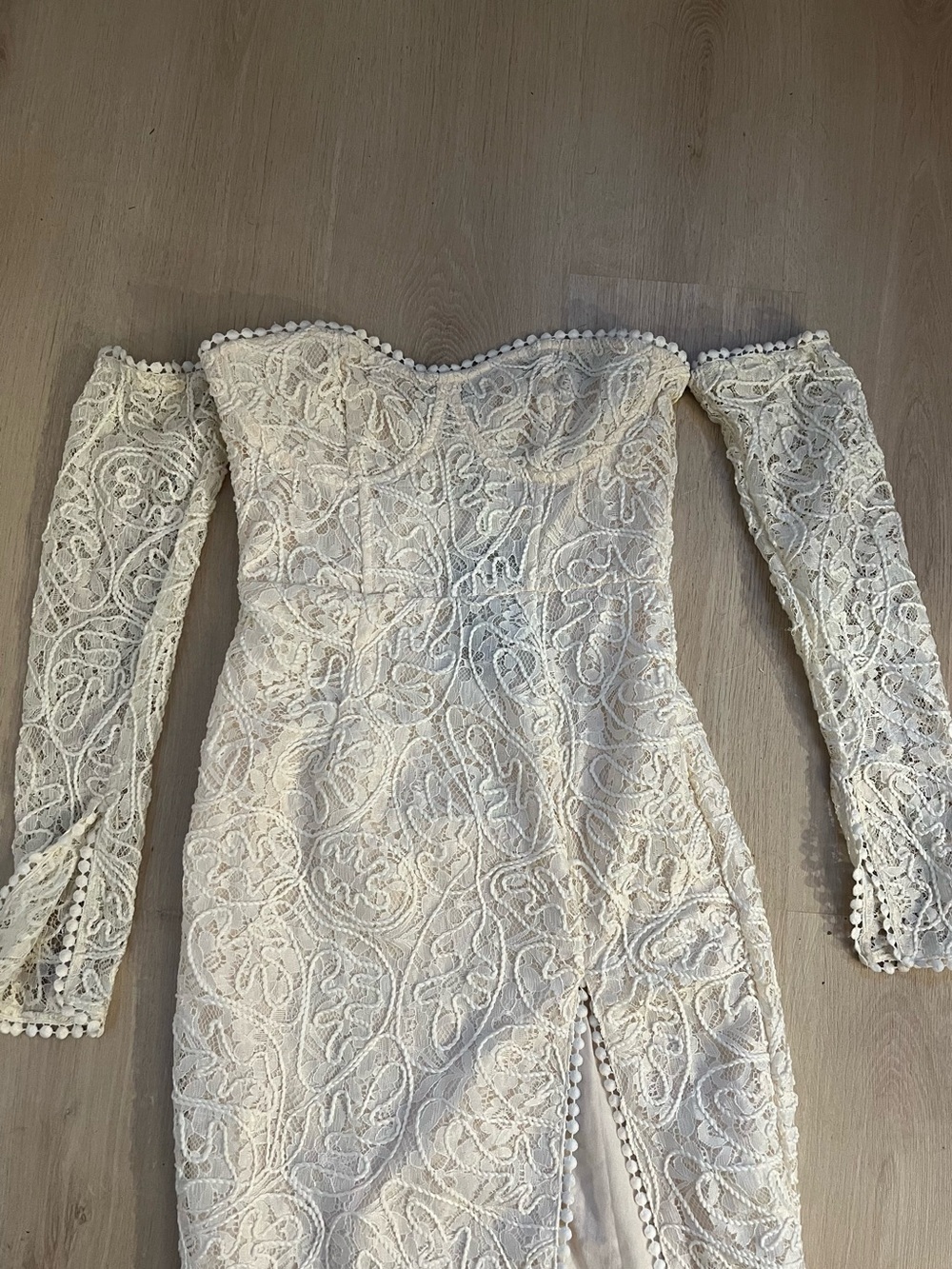 Off-Shoulder Ivory Lace Dress with Long Sleeves